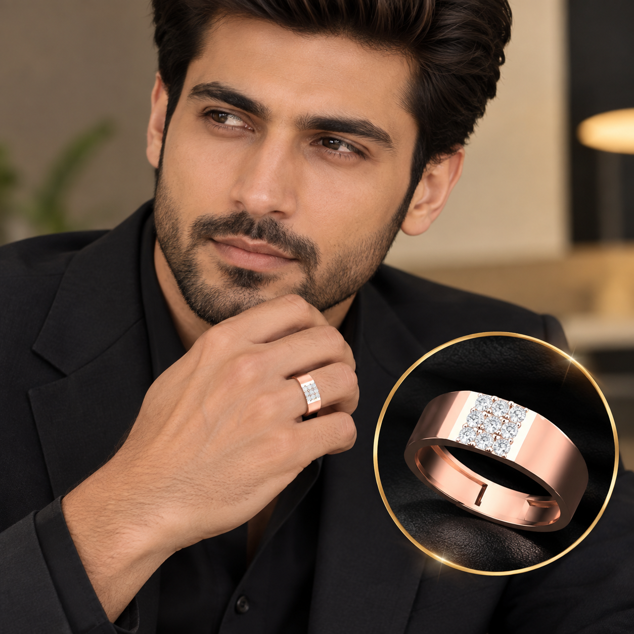 Men's Rose Gold Diamond Cluster Wedding Band | Modern Square Diamond Ring