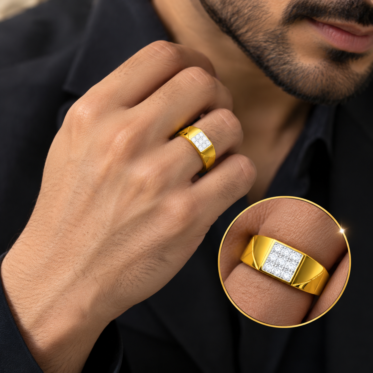 Contemporary Gold Band with Square Diamond Grid Setting