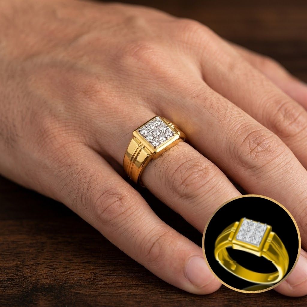 Men's Yellow Gold Square Cluster Diamond Signet Ring