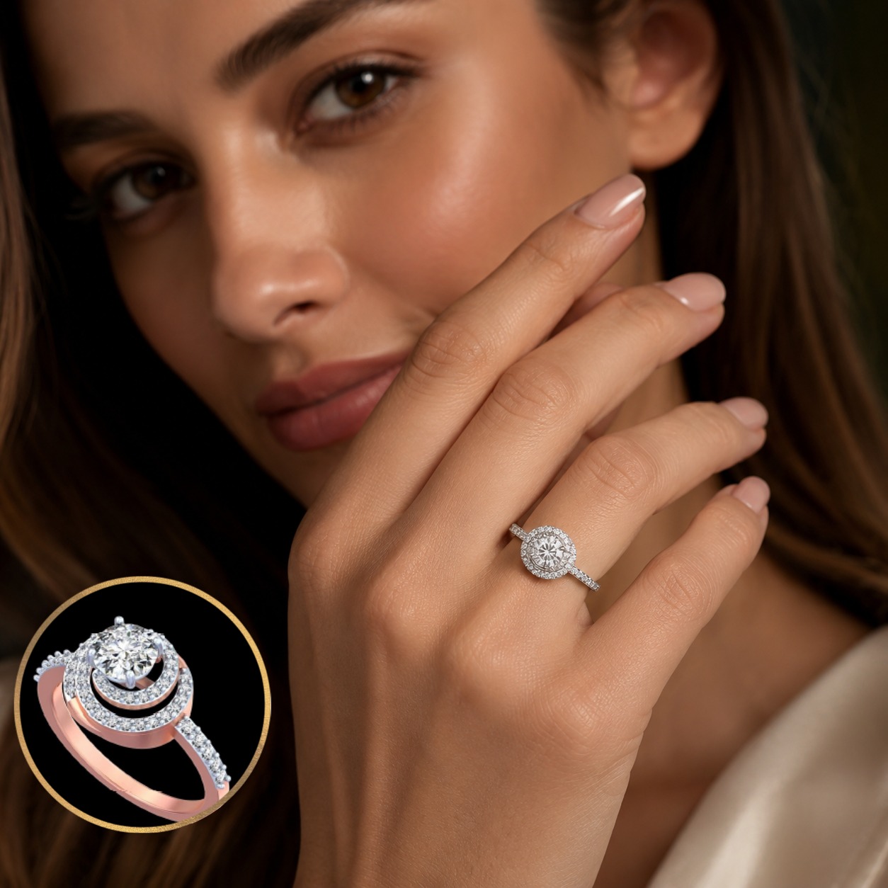 Natural Diamond Swirl Halo Solitaire Ring