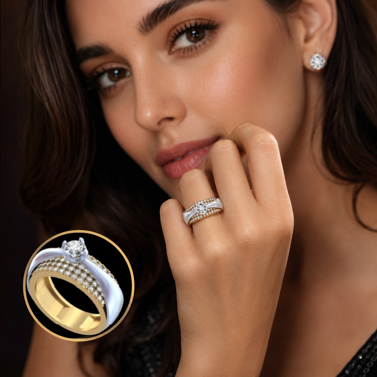 Diamond Solitaire Ring with Five-Line Diamond Band & Sculpted Gold Prongs