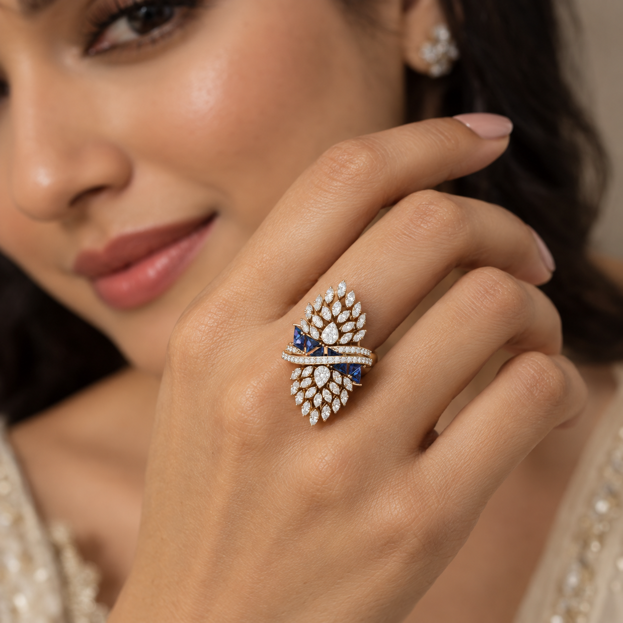 Blue Gemstone & Diamond Cocktail Ring with Natural Diamonds