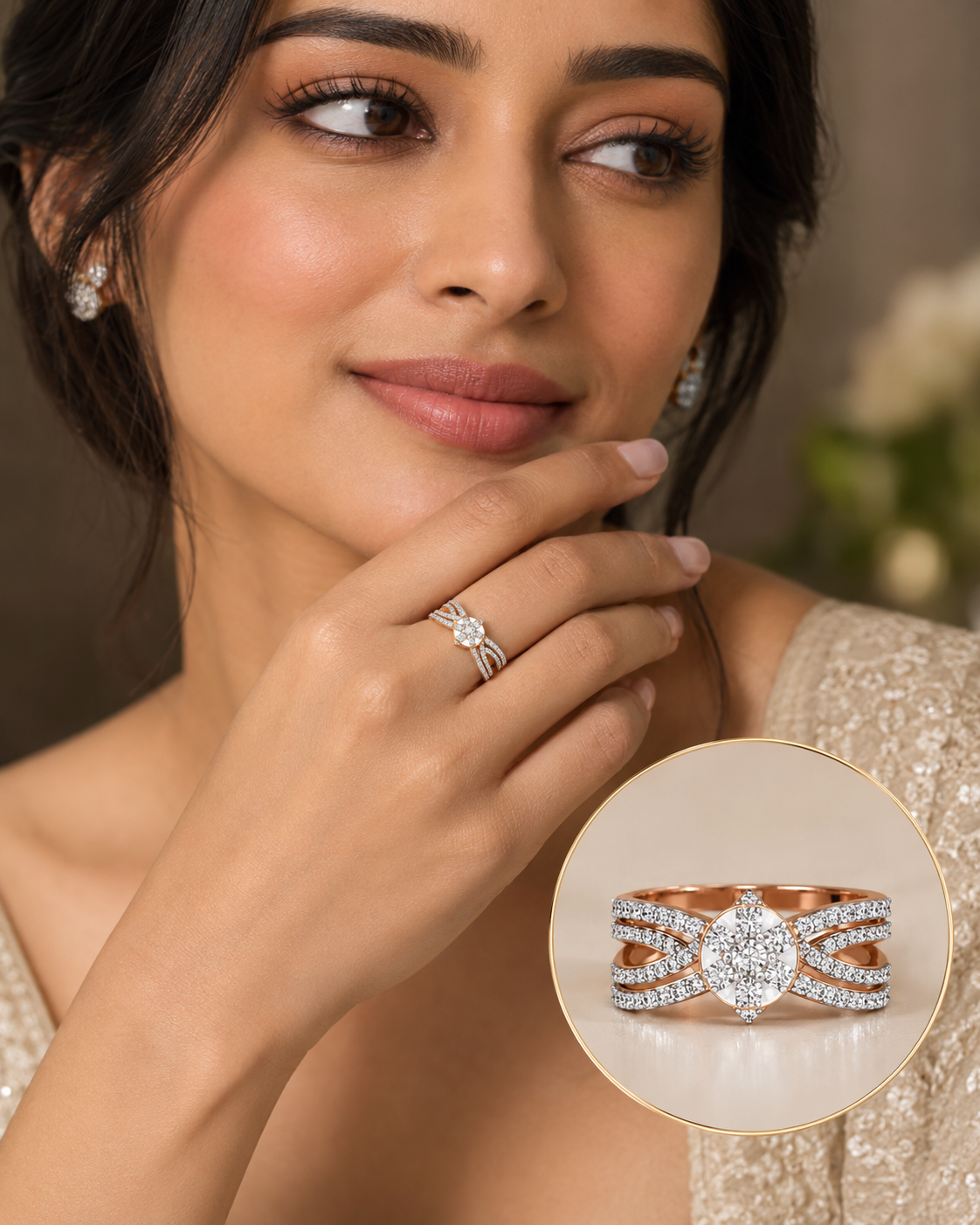 Round Diamond Pressure-Set Ring with Four-Line Diamond Band