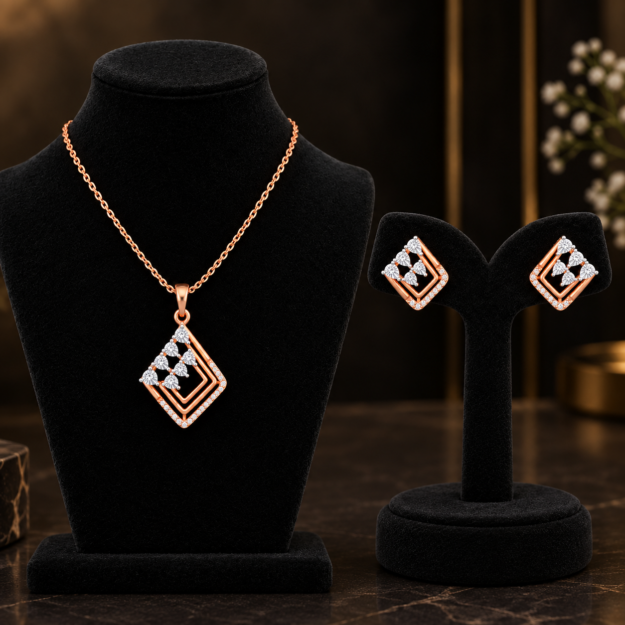 Lab-Grown Diamond Geometric Pendant & Earrings Set