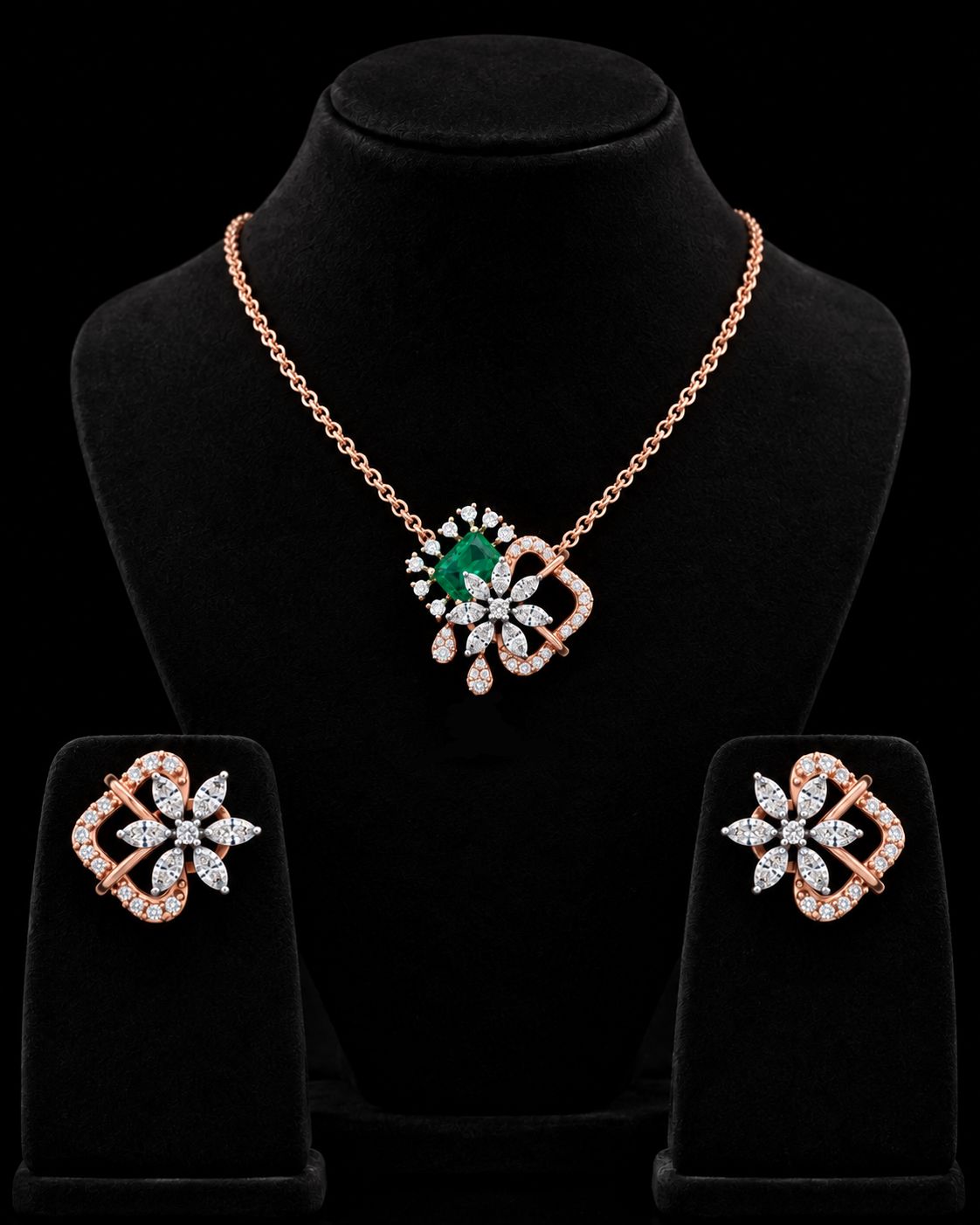 Floral Natural Diamond Pendant and Earrings Set
