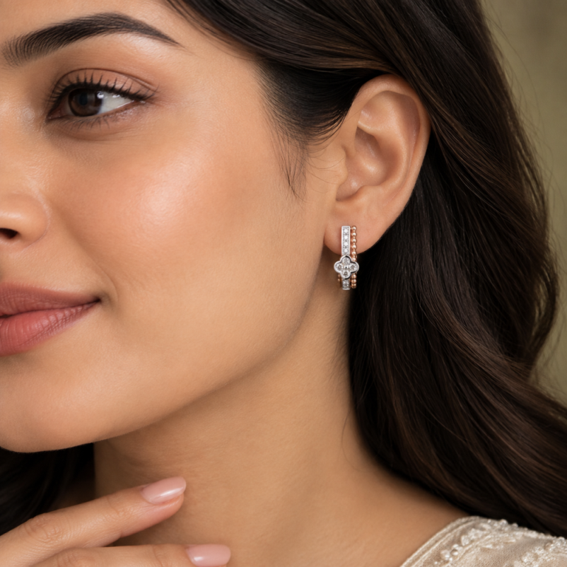 Floral Cluster Bead-Edge Natural Diamond Huggie Hoop Earrings