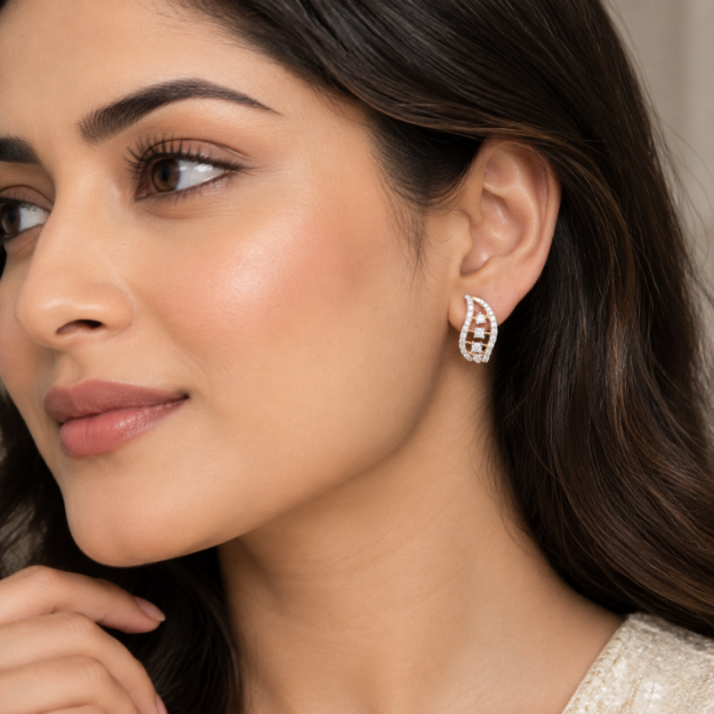 Contemporary Leaf Contour Diamond Hoop Earrings