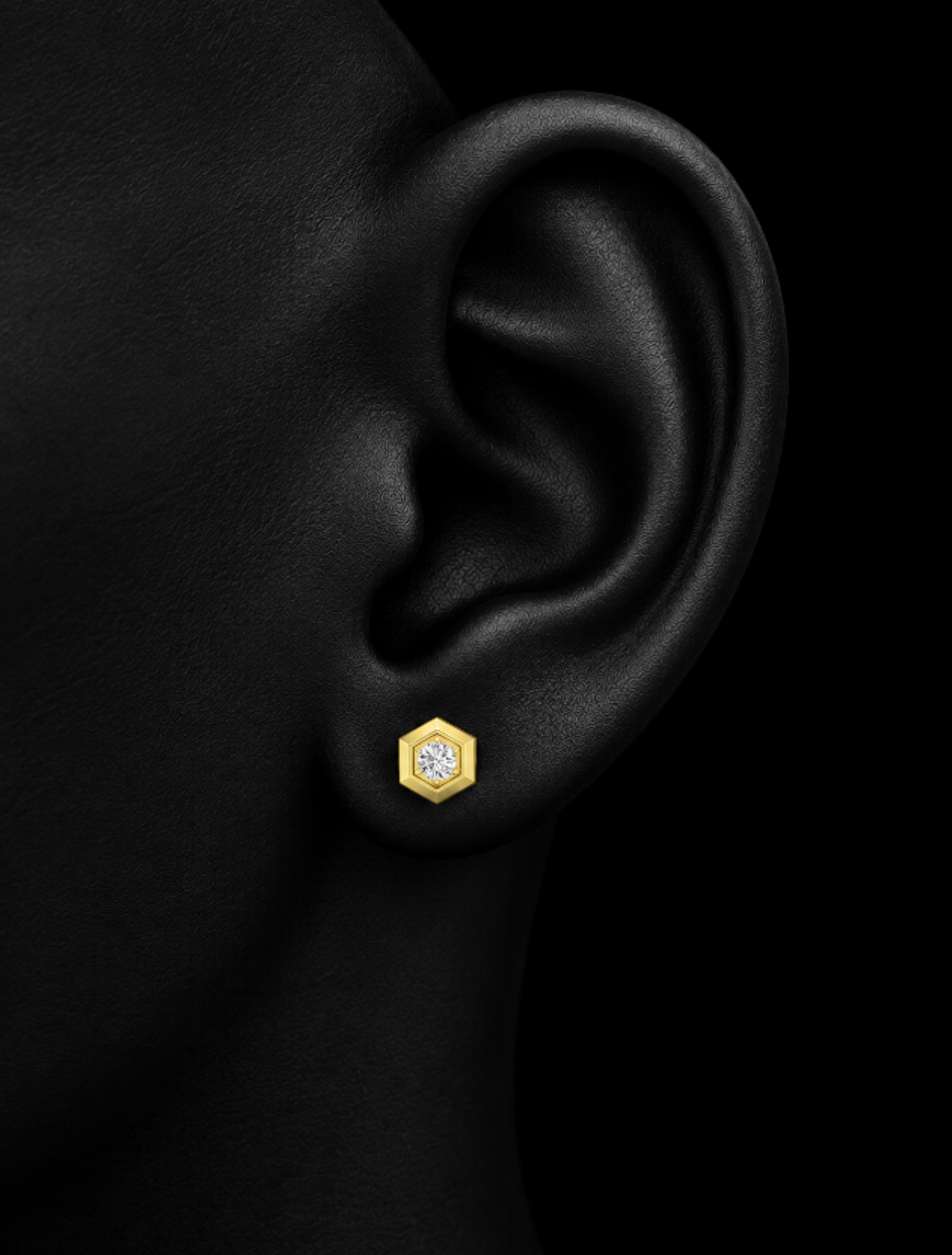 Hexagonal Natural Diamond Solitaire Stud Earrings