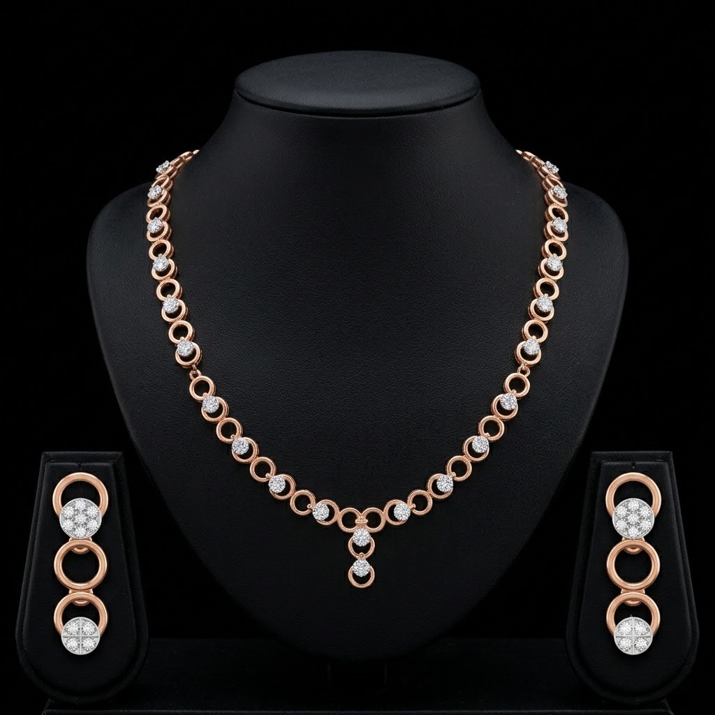 Contemporary Geometric Cluster Natural Diamond Necklace Set