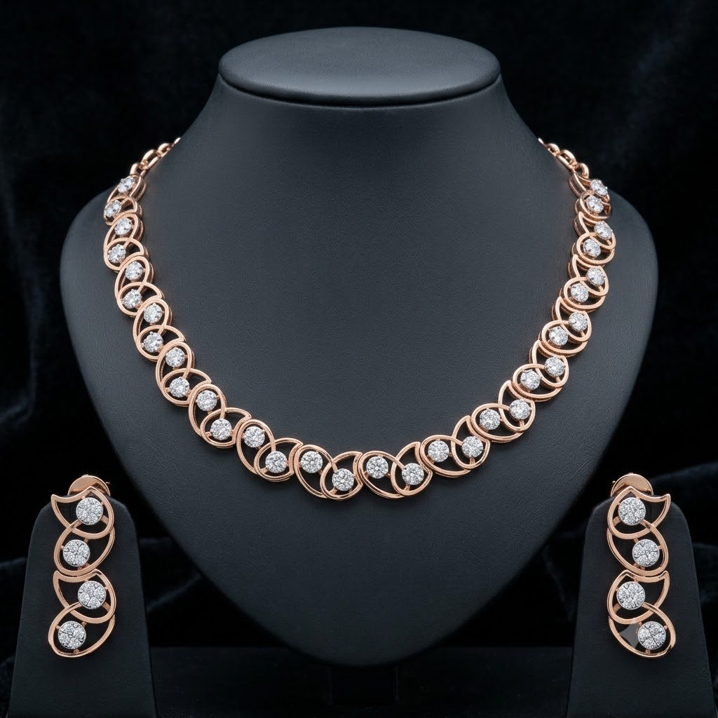 Contemporary Geometric Cluster Natural Diamond Necklace Set