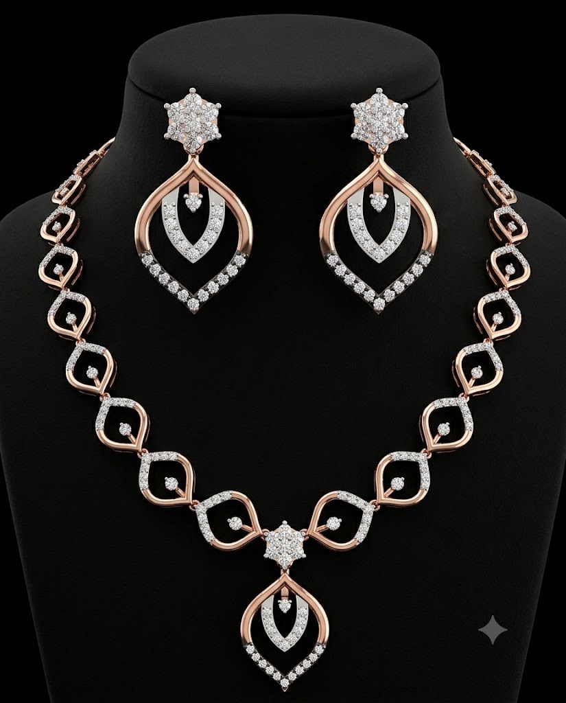 Elegant Floral Motif Geometric Lab-Grown Diamond Necklace Set