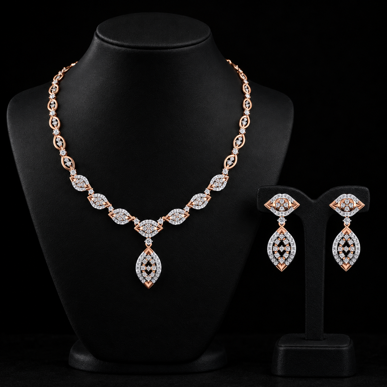 Elegant Geometric Marquise Natural Diamond Necklace and Earrings Set