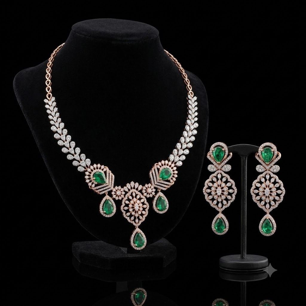 Exquisite Lab-Grown Diamond and Emerald Statement Necklace and Earrings Set