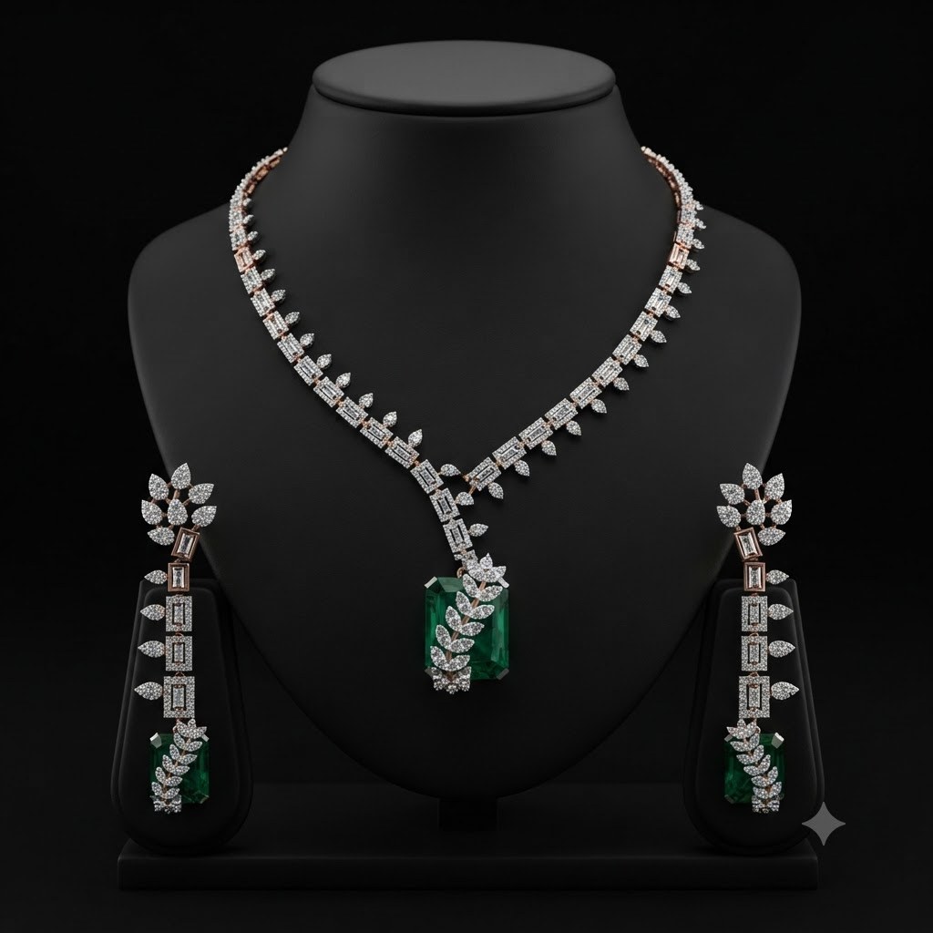 Stunning Lab-Grown Diamond and Emerald Statement Necklace Set